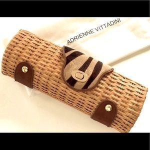 Neiman Marcus Adrienne Vittadini straw Clutch twin sided fur closure 13" x 5"